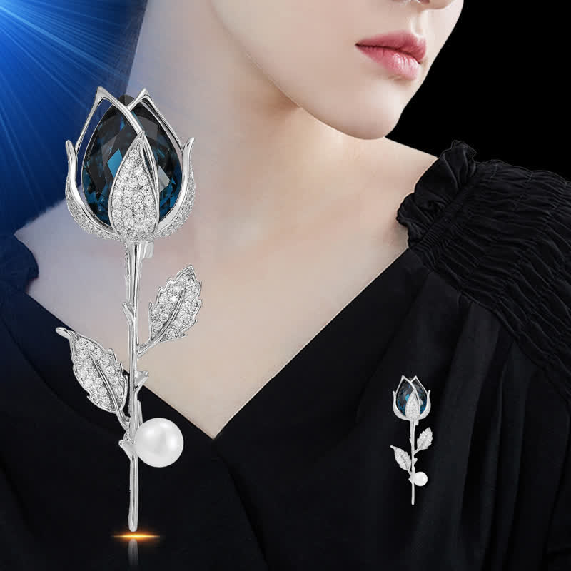 élégante Broche en cristal synthétique pour femme avec tulipe bleue