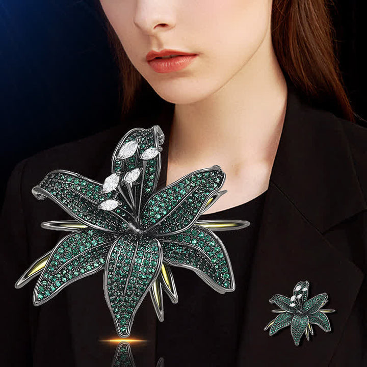 Broche pour femme en cristal de lys vert foncé incrusté de zircons