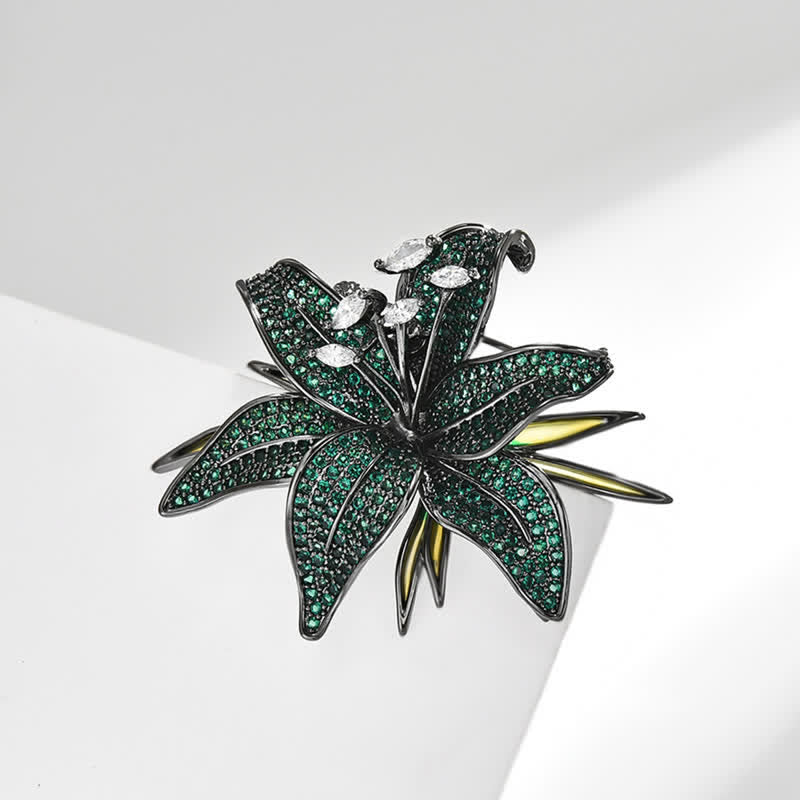 Broche pour femme en cristal de lys vert foncé incrusté de zircons
