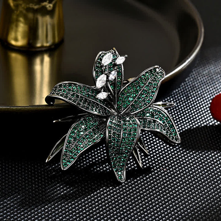 Broche pour femme en cristal de lys vert foncé incrusté de zircons