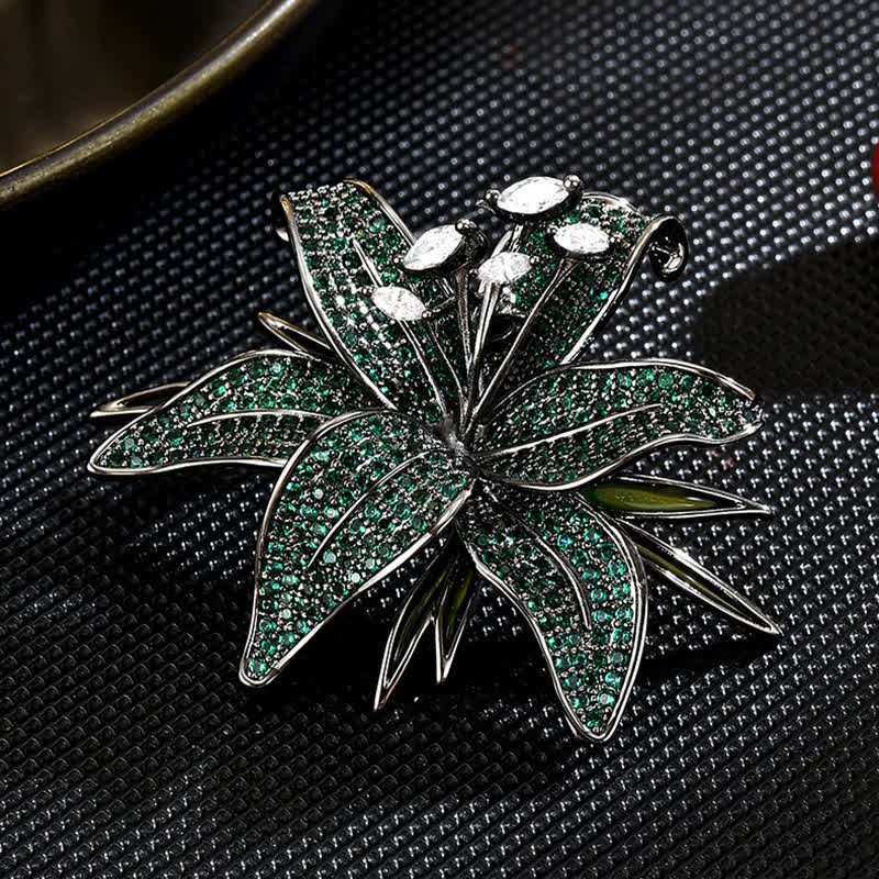 Broche pour femme en cristal de lys vert foncé incrusté de zircons