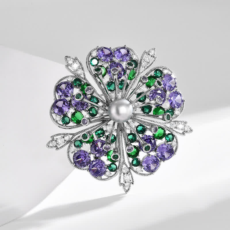Broche élégante en perles de zircon colorées et florales pour femme
