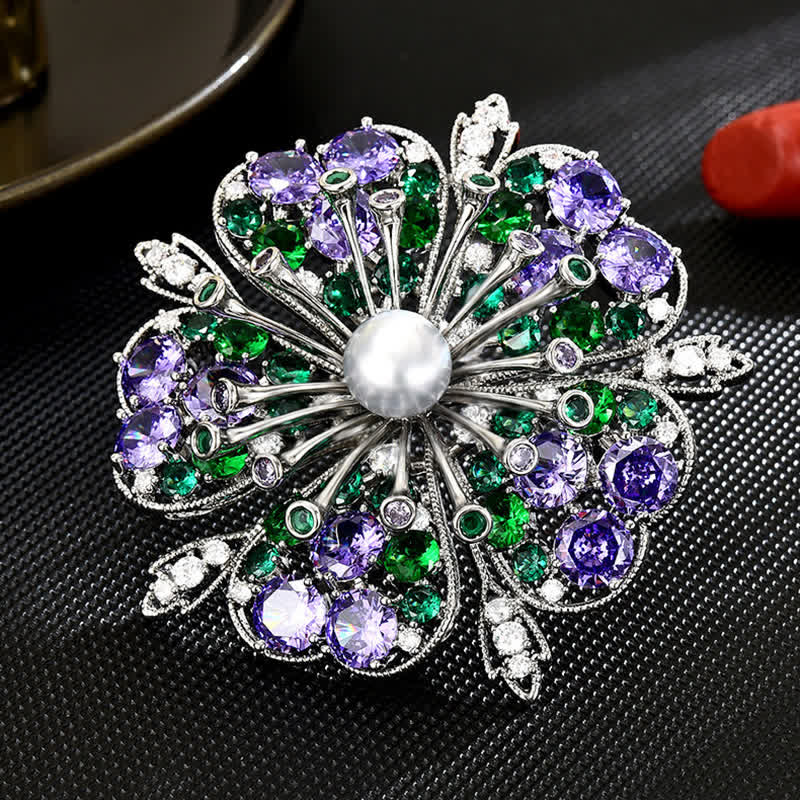 Broche élégante en perles de zircon colorées et florales pour femme