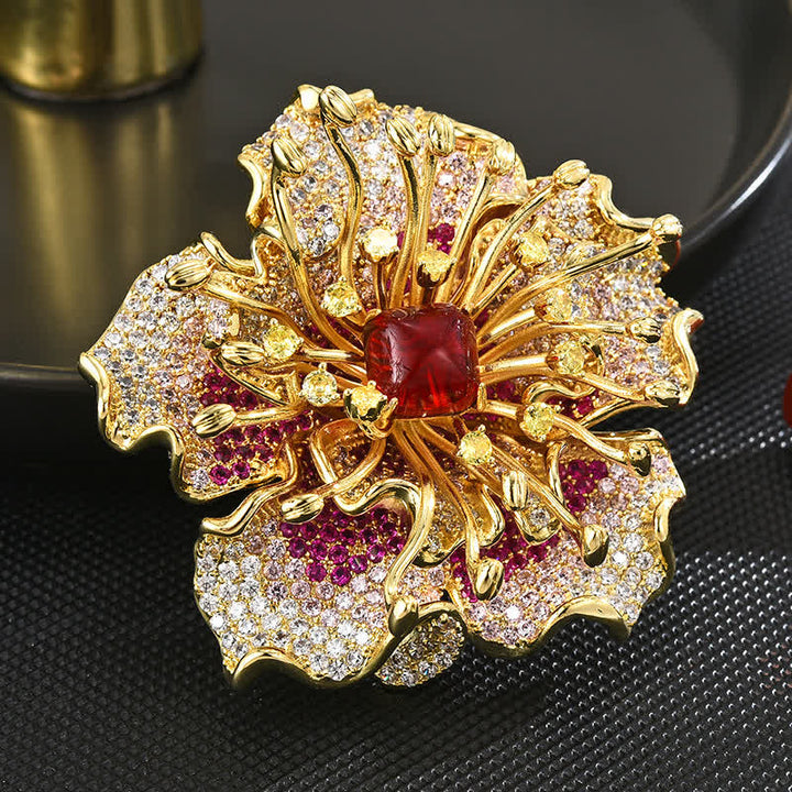 Broche de luxe en forme de fleur rétro en zircon cubique coloré pour femme