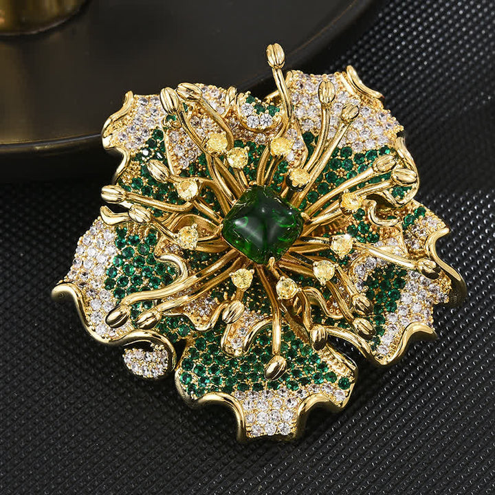 Broche de luxe en forme de fleur rétro en zircon cubique coloré pour femme