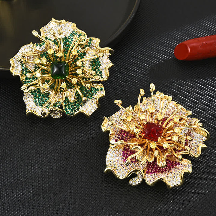 Broche de luxe en forme de fleur rétro en zircon cubique coloré pour femme