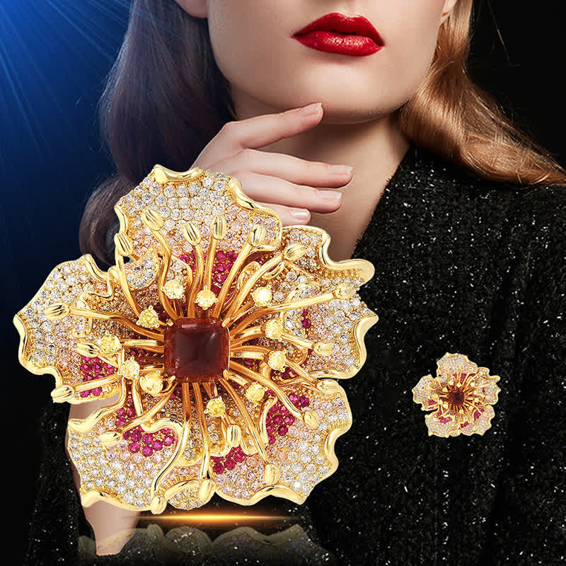 Broche de luxe en forme de fleur rétro en zircon cubique coloré pour femme