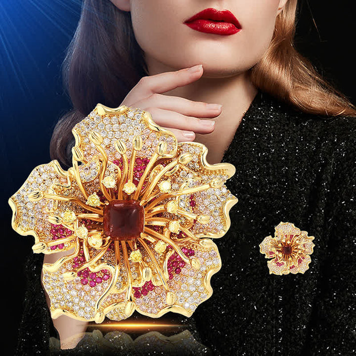 Broche de luxe en forme de fleur rétro en zircon cubique coloré pour femme