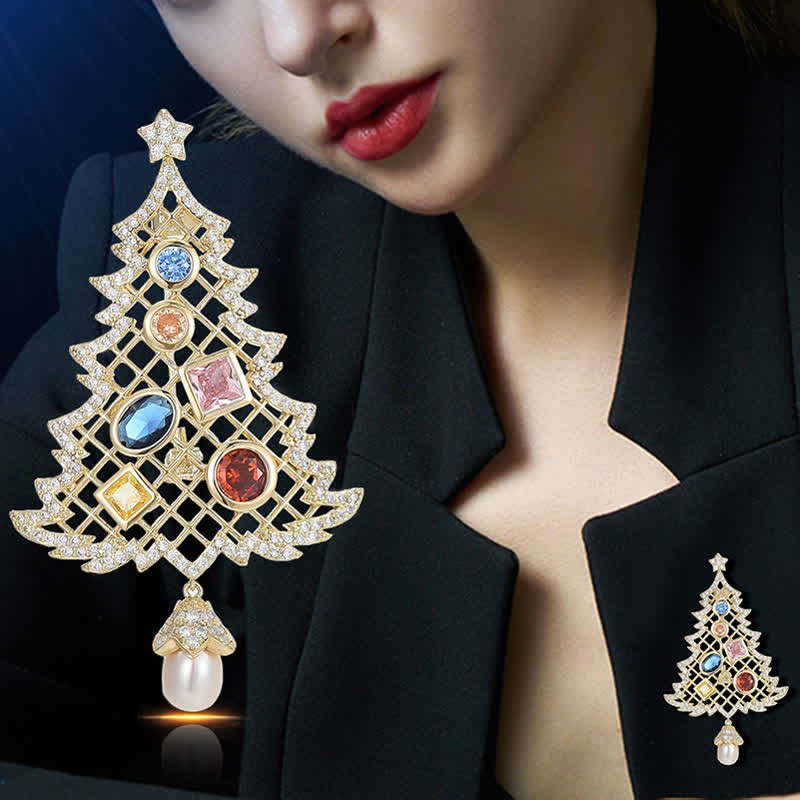 Broche sapin de Noël multicolore en oxyde de zirconium pour femme