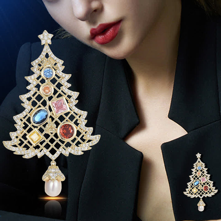 Broche sapin de Noël multicolore en oxyde de zirconium pour femme