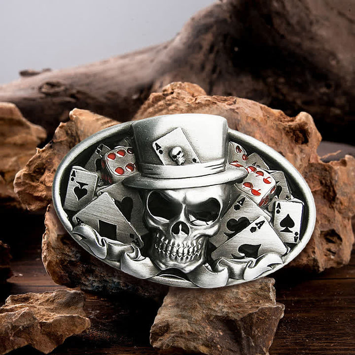 Ceinture en cuir à boucle ovale pour homme avec tête de mort et dés de poker