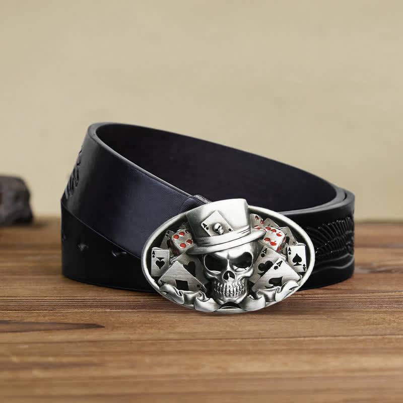Ceinture en cuir à boucle ovale pour homme avec tête de mort et dés de poker