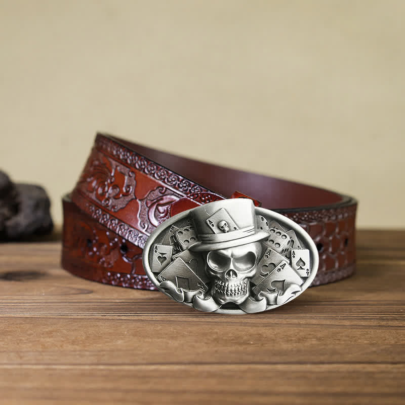 Ceinture en cuir à boucle ovale pour homme avec tête de mort et dés de poker