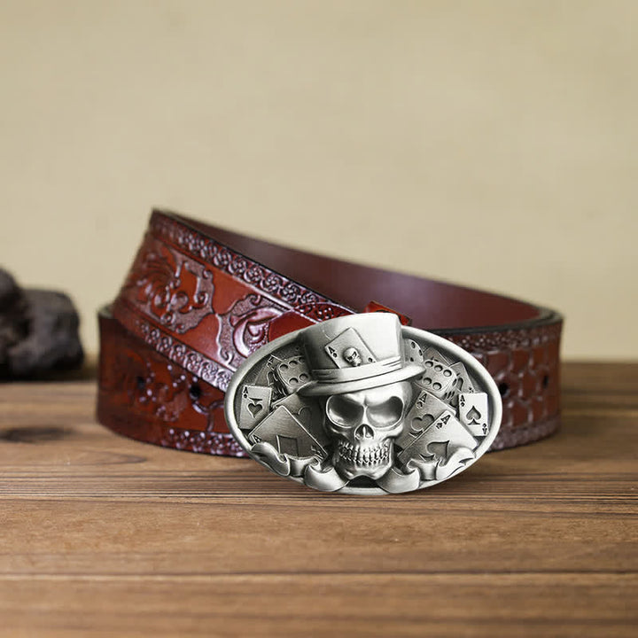 Ceinture en cuir à boucle ovale pour homme avec tête de mort et dés de poker