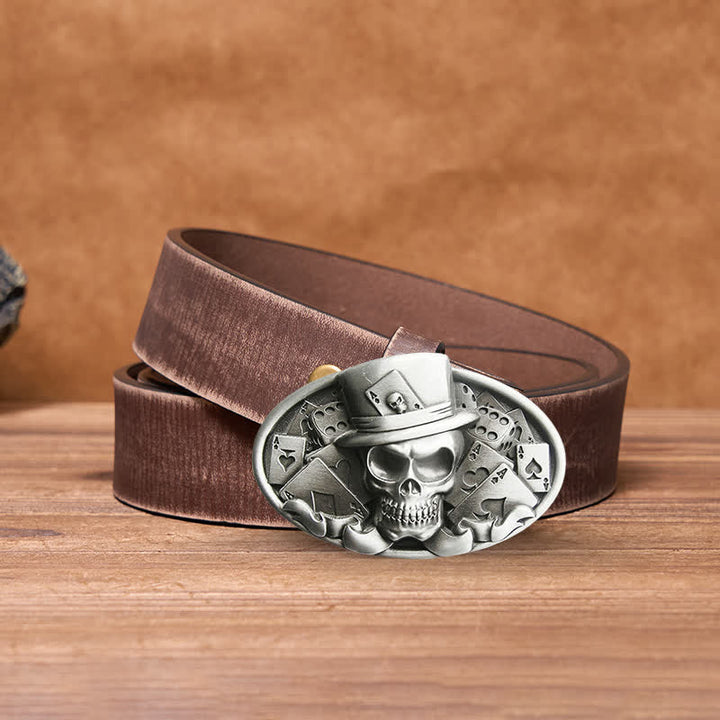Ceinture en cuir à boucle ovale pour homme avec tête de mort et dés de poker