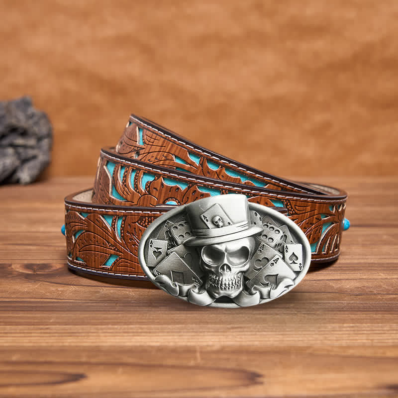 Ceinture en cuir à boucle ovale pour homme avec tête de mort et dés de poker