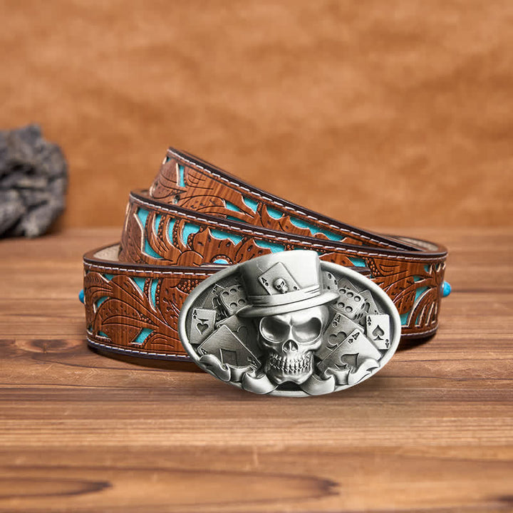 Ceinture en cuir à boucle ovale pour homme avec tête de mort et dés de poker