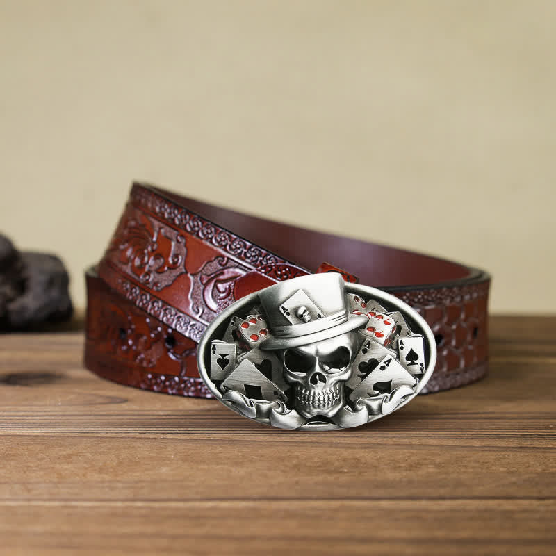 Ceinture en cuir à boucle ovale pour homme avec tête de mort et dés de poker