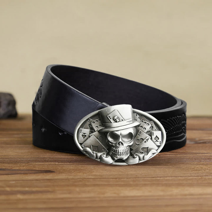 Ceinture en cuir à boucle ovale pour homme avec tête de mort et dés de poker