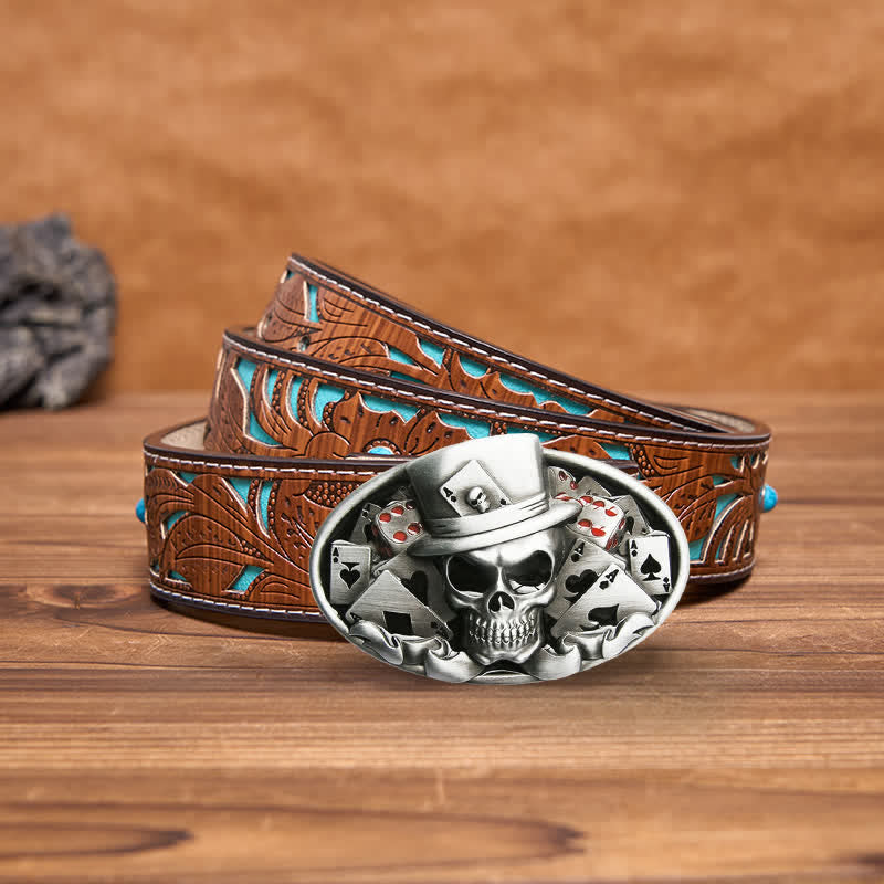 Ceinture en cuir à boucle ovale pour homme avec tête de mort et dés de poker