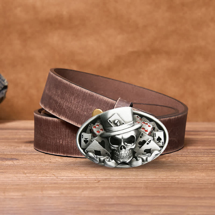 Ceinture en cuir à boucle ovale pour homme avec tête de mort et dés de poker