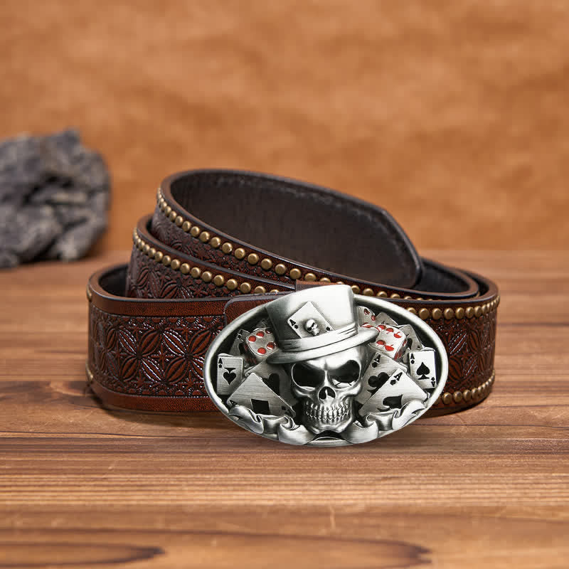 Ceinture en cuir à boucle ovale pour homme avec tête de mort et dés de poker