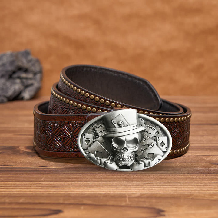 Ceinture en cuir à boucle ovale pour homme avec tête de mort et dés de poker