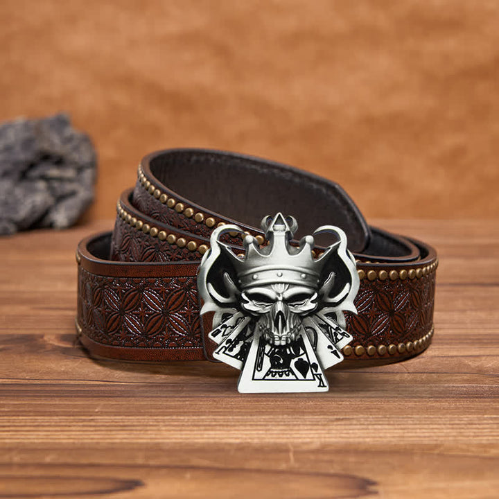 Ceinture en cuir à boucle pour homme avec tête de mort et quinte royale de poker et casino