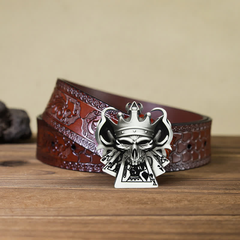 Ceinture en cuir à boucle pour homme avec tête de mort et quinte royale de poker et casino