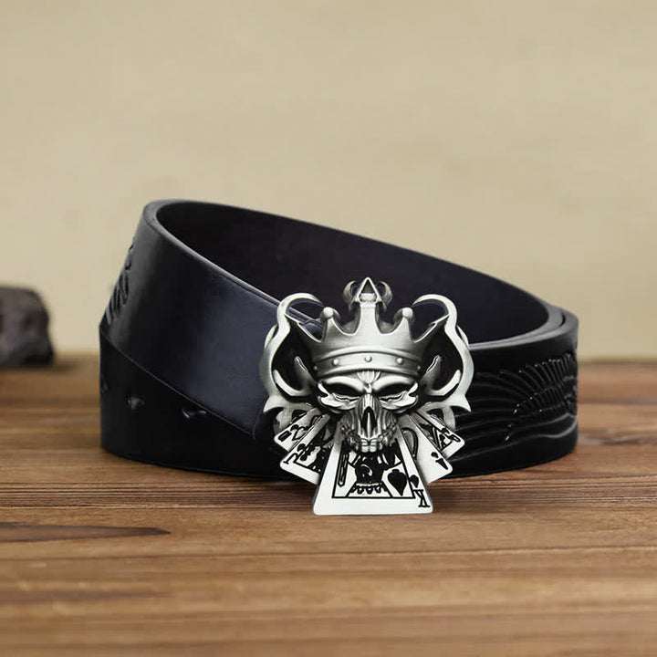 Ceinture en cuir à boucle pour homme avec tête de mort et quinte royale de poker et casino