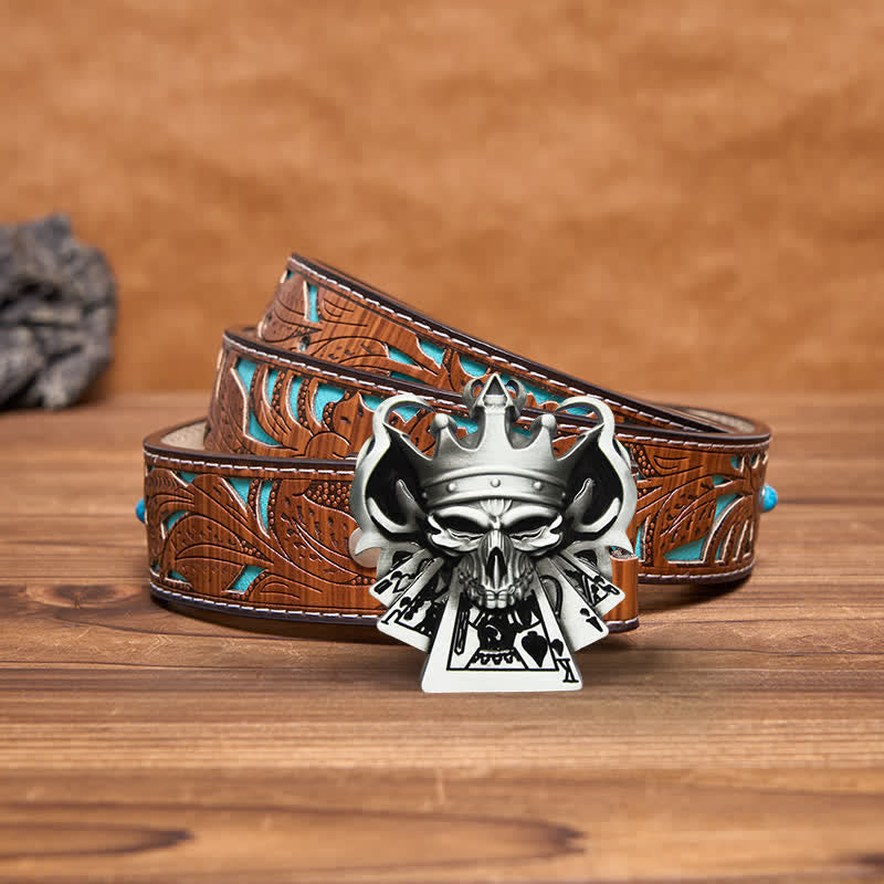 Ceinture en cuir à boucle pour homme avec tête de mort et quinte royale de poker et casino