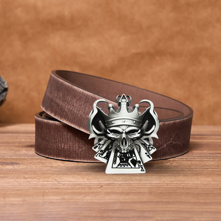 Ceinture en cuir à boucle pour homme avec tête de mort et quinte royale de poker et casino