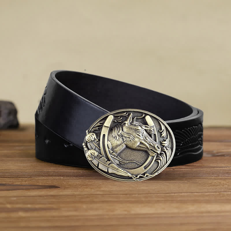 Ceinture en cuir à boucle en forme de fer à cheval en bronze pour homme