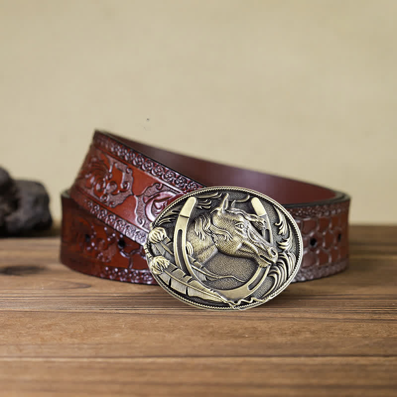 Ceinture en cuir à boucle en forme de fer à cheval en bronze pour homme