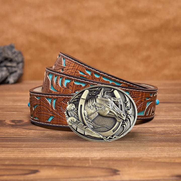 Ceinture en cuir à boucle en forme de fer à cheval en bronze pour homme