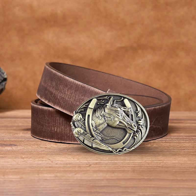 Ceinture en cuir à boucle en forme de fer à cheval en bronze pour homme