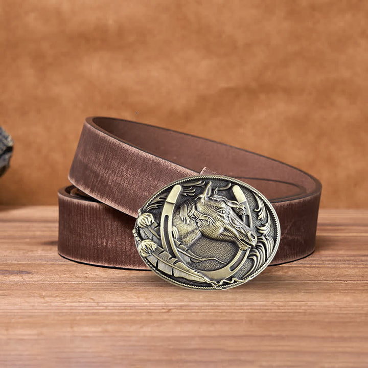 Ceinture en cuir à boucle en forme de fer à cheval en bronze pour homme