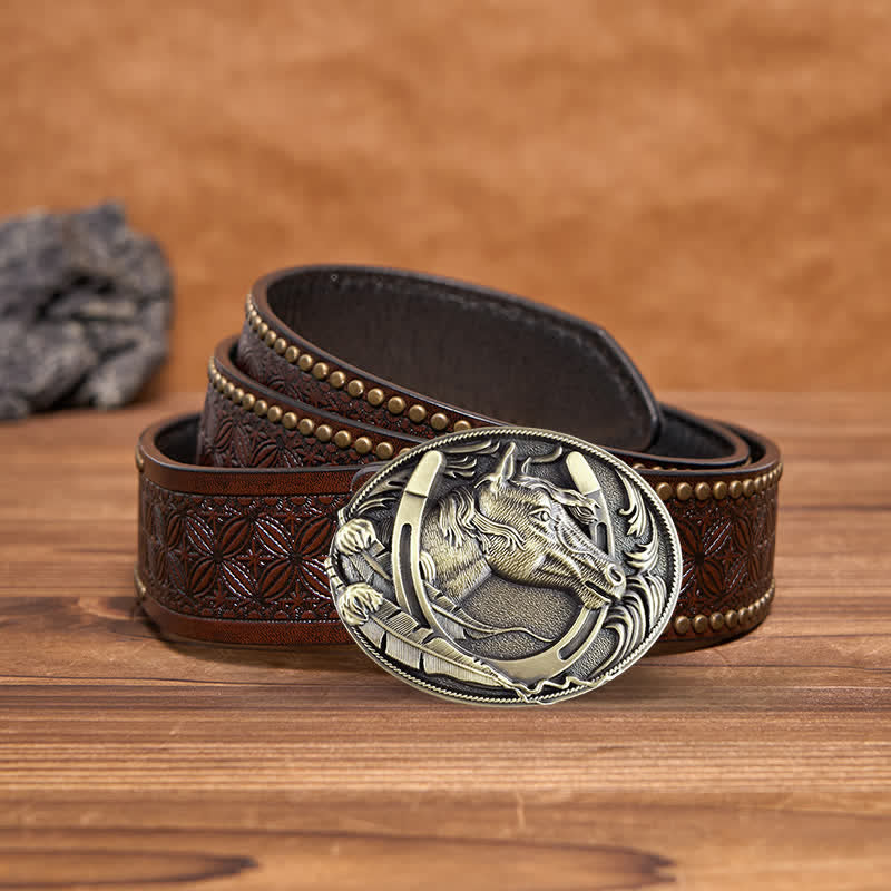 Ceinture en cuir à boucle en forme de fer à cheval en bronze pour homme