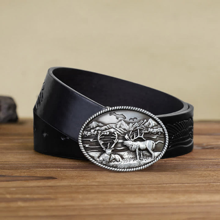 Ceinture en cuir à boucle style western pour homme avec motif cerfs sauvages