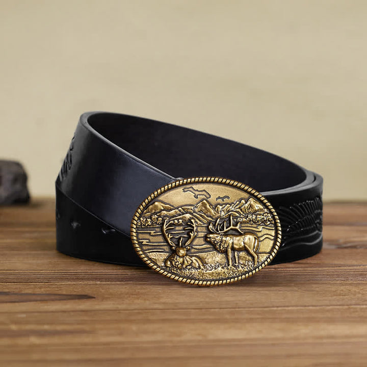 Ceinture en cuir à boucle style western pour homme avec motif cerfs sauvages