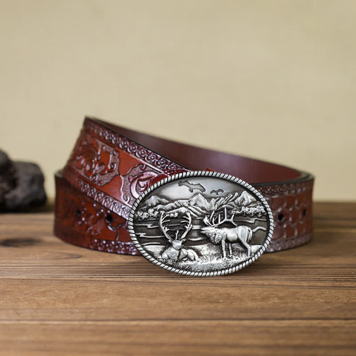 Ceinture en cuir à boucle style western pour homme avec motif cerfs sauvages