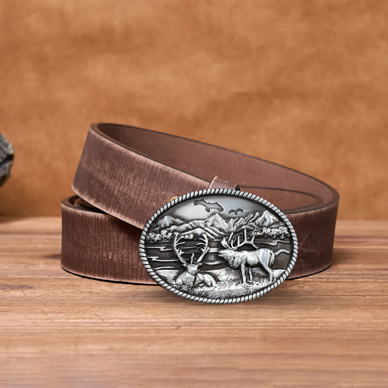 Ceinture en cuir à boucle style western pour homme avec motif cerfs sauvages