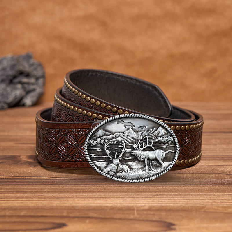 Ceinture en cuir à boucle style western pour homme avec motif cerfs sauvages