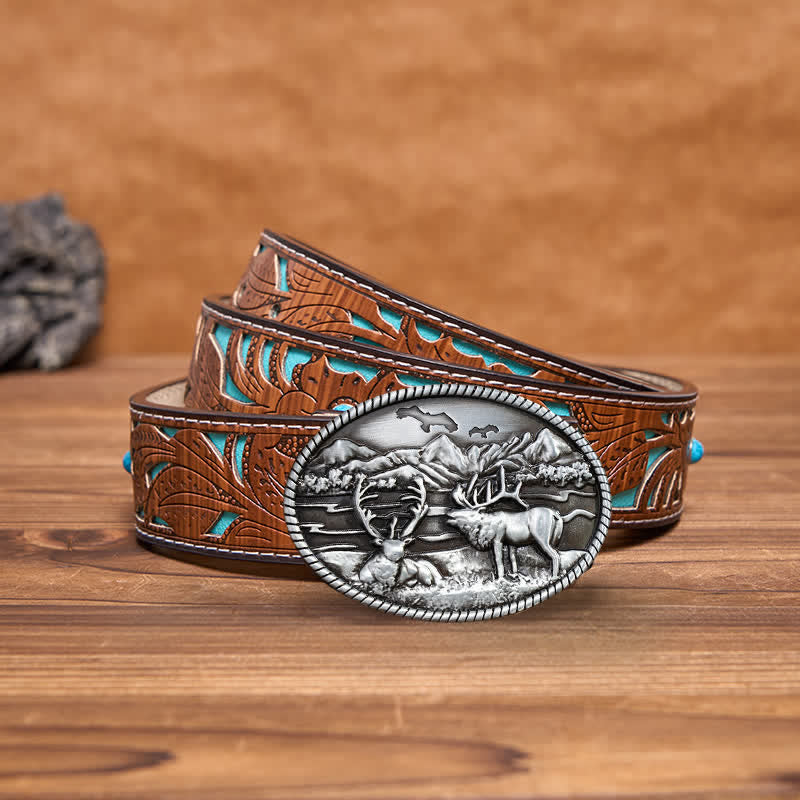 Ceinture en cuir à boucle style western pour homme avec motif cerfs sauvages