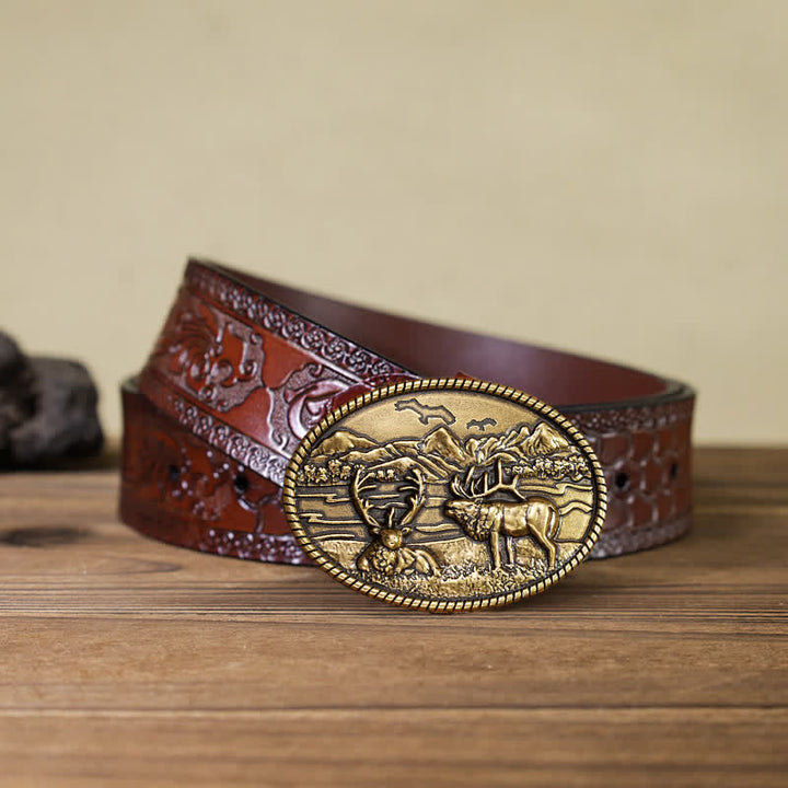Ceinture en cuir à boucle style western pour homme avec motif cerfs sauvages