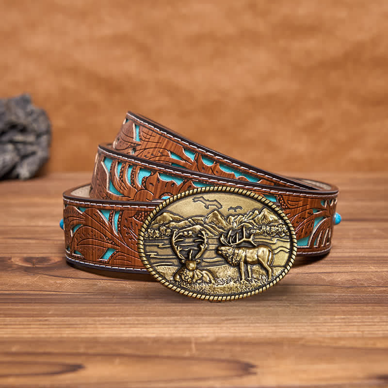 Ceinture en cuir à boucle style western pour homme avec motif cerfs sauvages