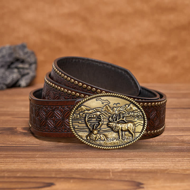 Ceinture en cuir à boucle style western pour homme avec motif cerfs sauvages
