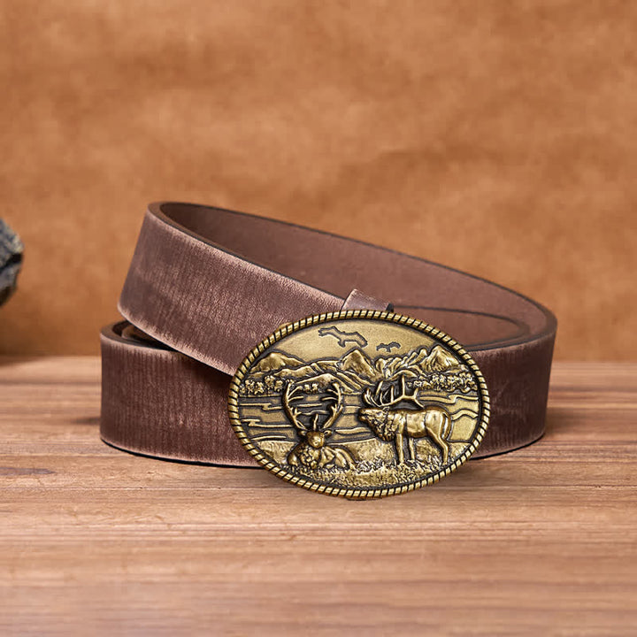 Ceinture en cuir à boucle style western pour homme avec motif cerfs sauvages