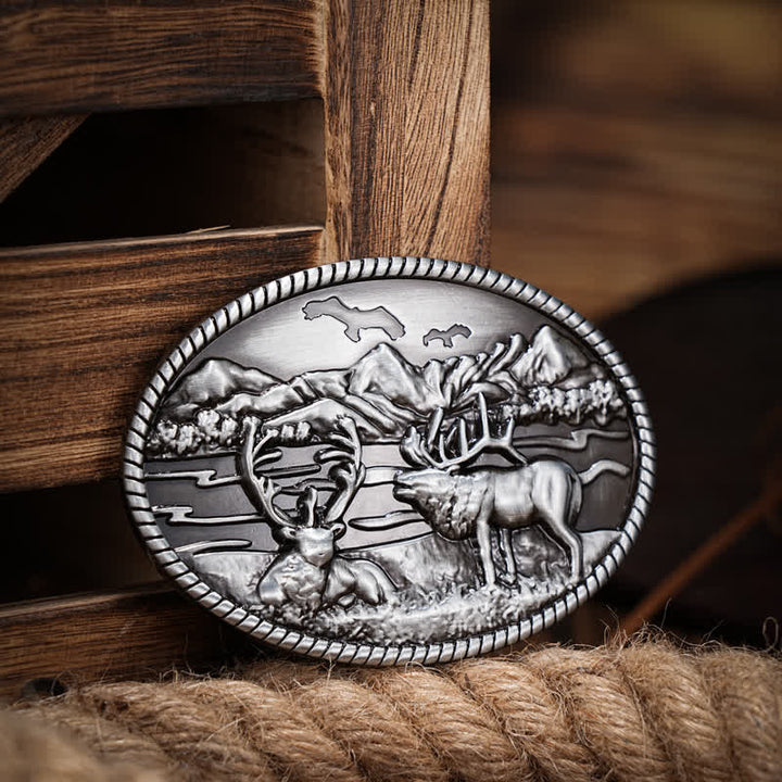 Ceinture en cuir à boucle style western pour homme avec motif cerfs sauvages