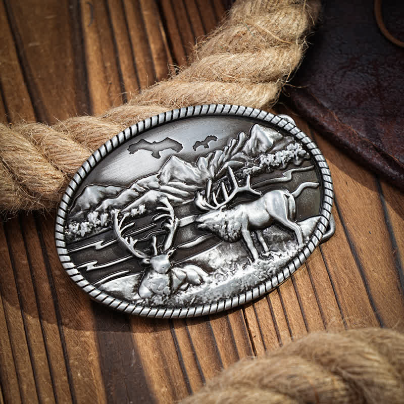 Ceinture en cuir à boucle style western pour homme avec motif cerfs sauvages